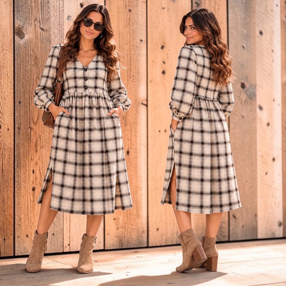 Madewell Plaid Cotton Flannel Midi Dress Size 6 Puff Sleeve Pockets Cottagecore